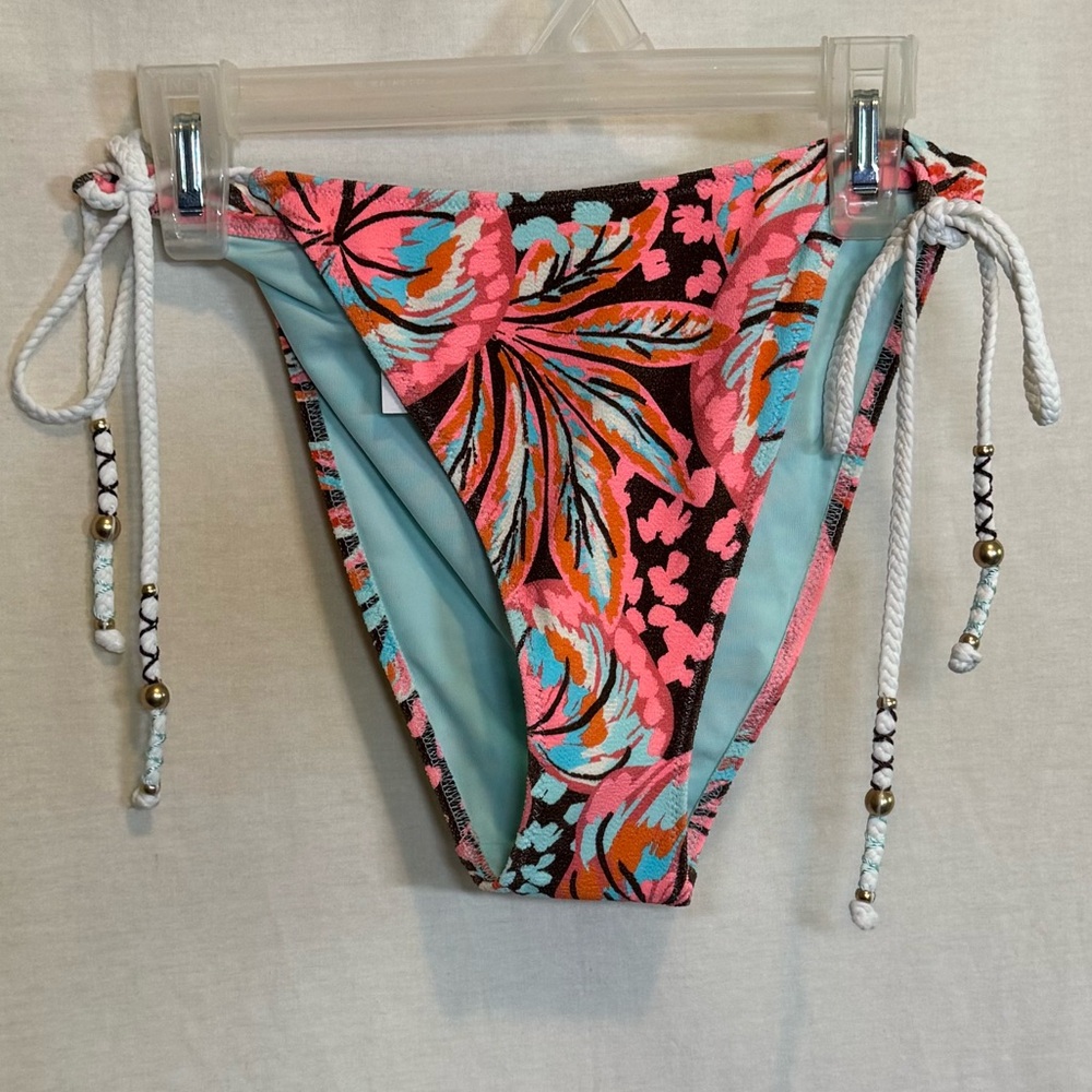AA-207 Aerie NWT Cheekiest Side Tie Pink & Brown Swim Bikini‎ Bottoms Size L